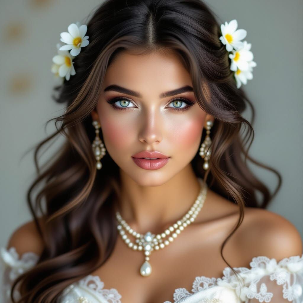 Divine Woman with Shining Eyes and Floral Hair