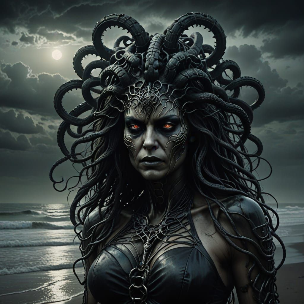 Surreal Medusa Bikini Model on Misty Beach