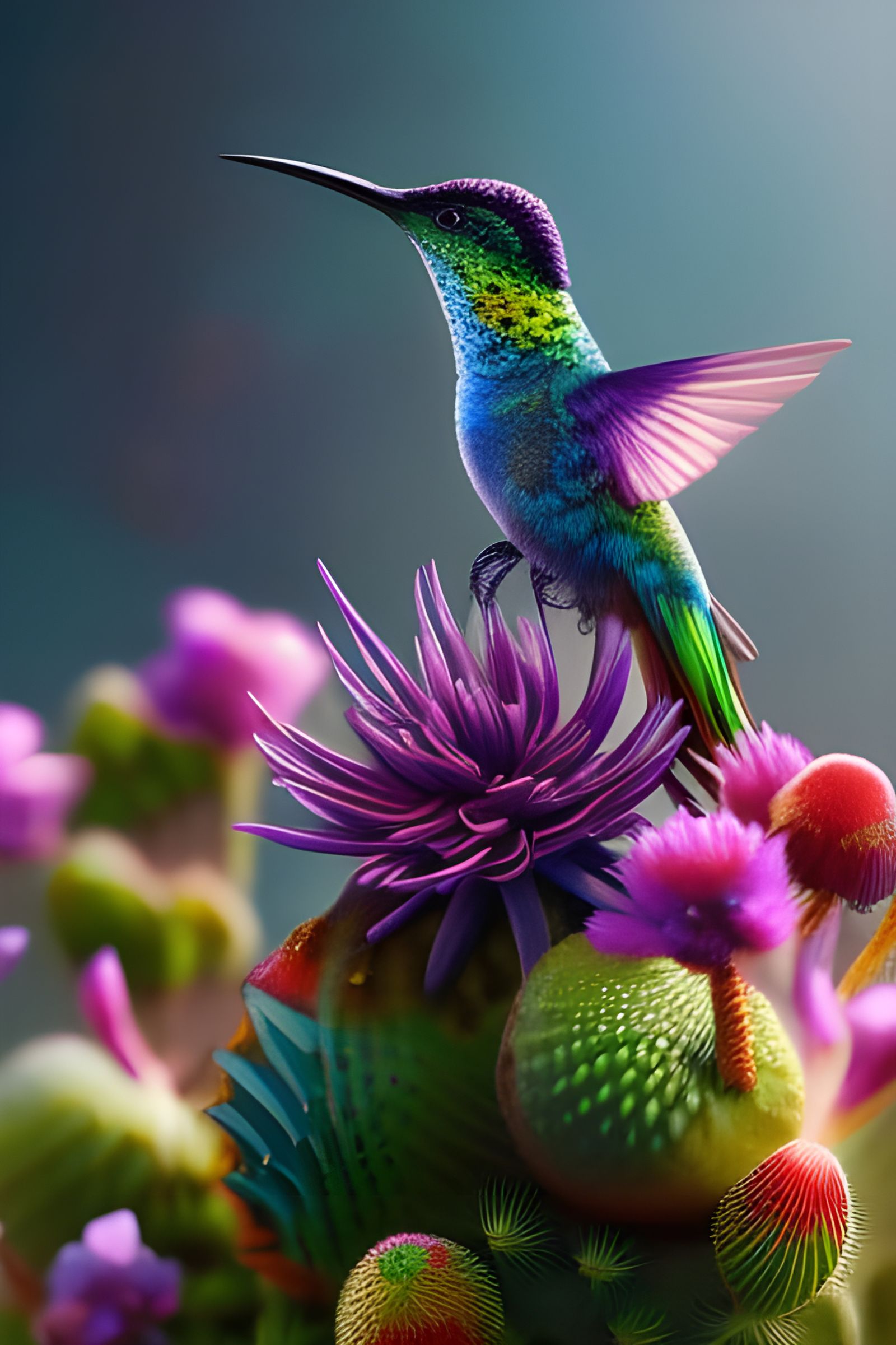 Hyperrealistic Hummingbird and Cactus Portrait in 64 Megapix...