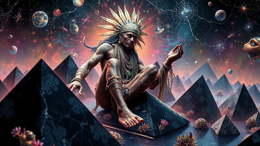 Mystical Prince Resting on Pyramids in Bio-Art Collage