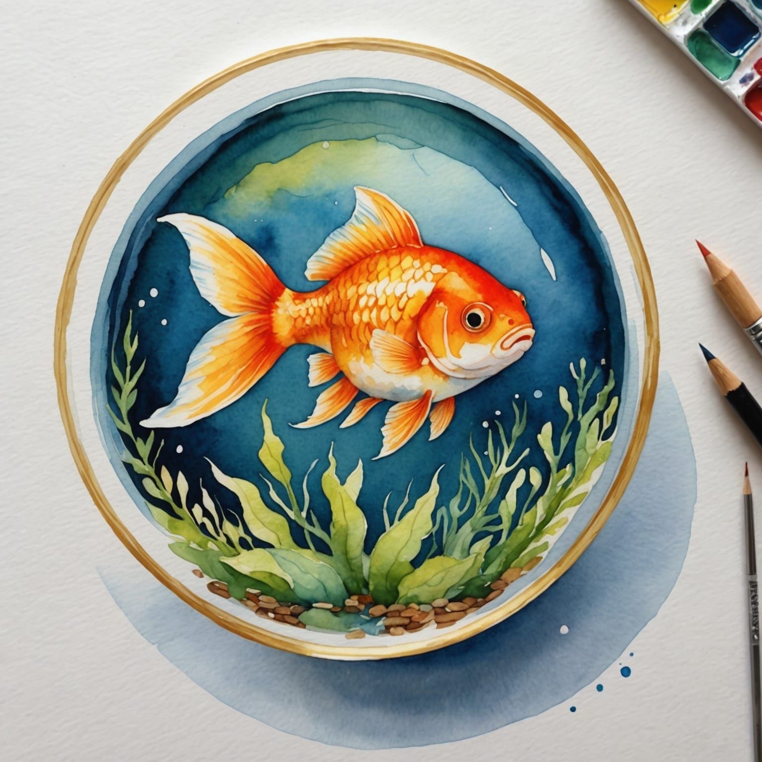 Cute Goldfish in Bowl Watercolor Painting