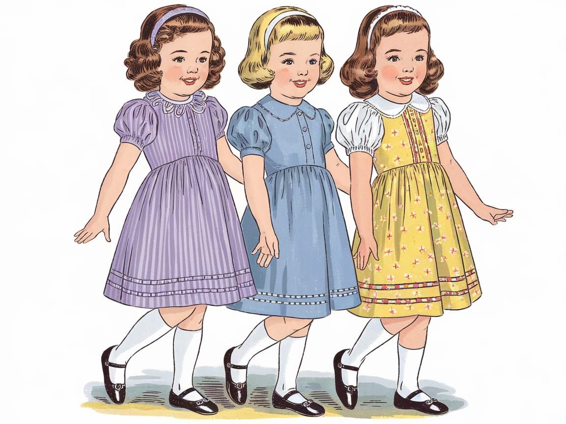 Vintage-Inspired Illustration of Three Happy Girls in Colorf...