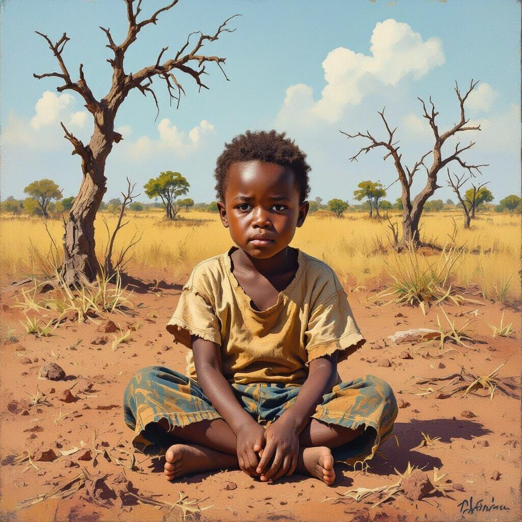 Child in African Landscape: Expressive Art Style