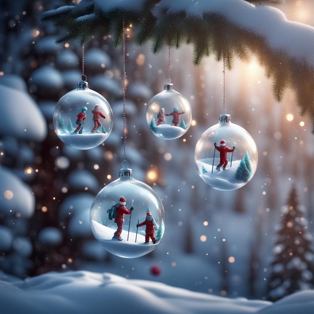 Skiers in Glass Ornaments: Christmas Fantasy Art