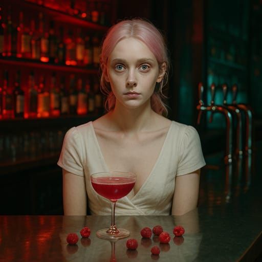 Pink-Haired Woman in Neon Bar Scene