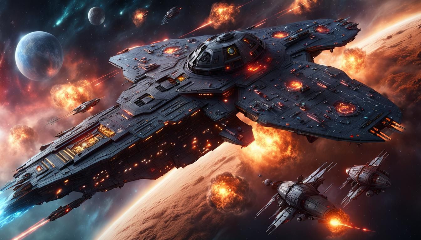 Epic Starship Battle Near Colorful Nebula