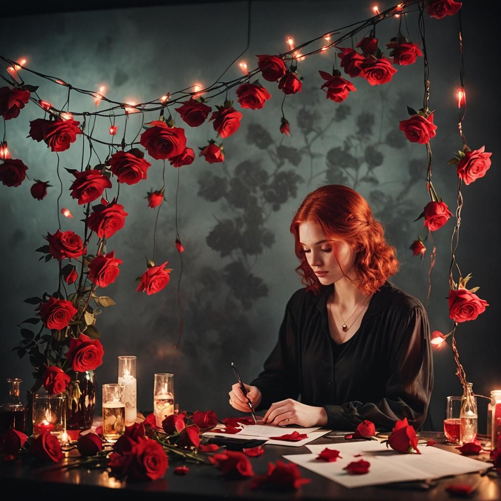 Red-Headed Student in Darkroom Processing Red Roses