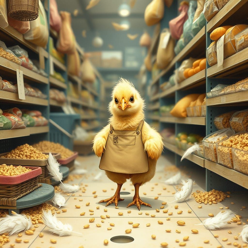 Chick's Supermarket Mess in Children's Book Style