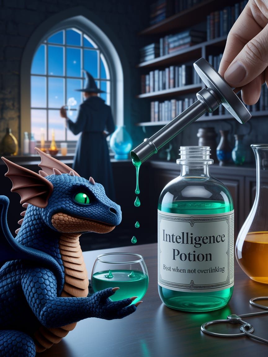 Dragon Unlocks Hamster Cage with Potion in Fantasy Lab Scene