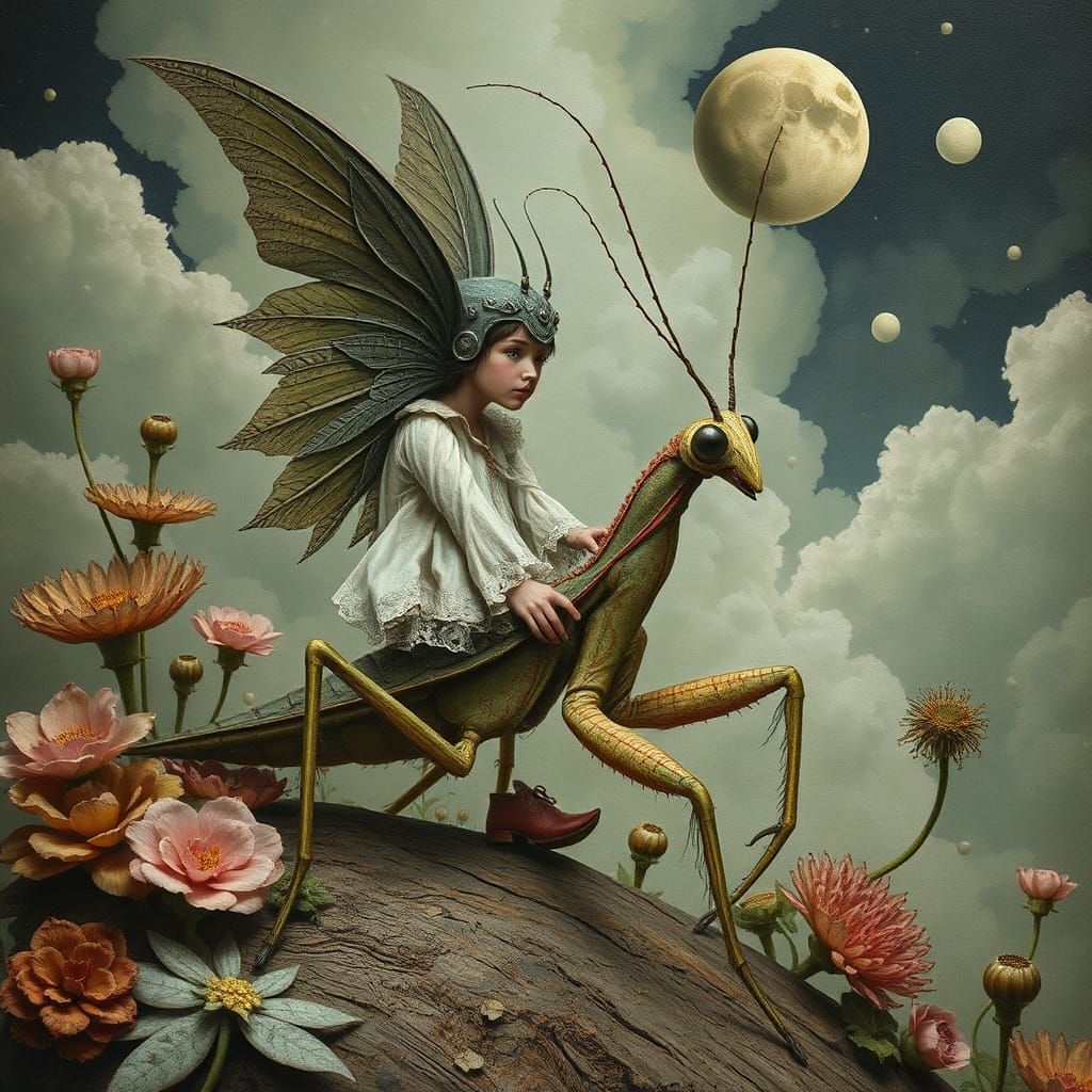 Surreal Being Rides Mantis Through Dreamscape