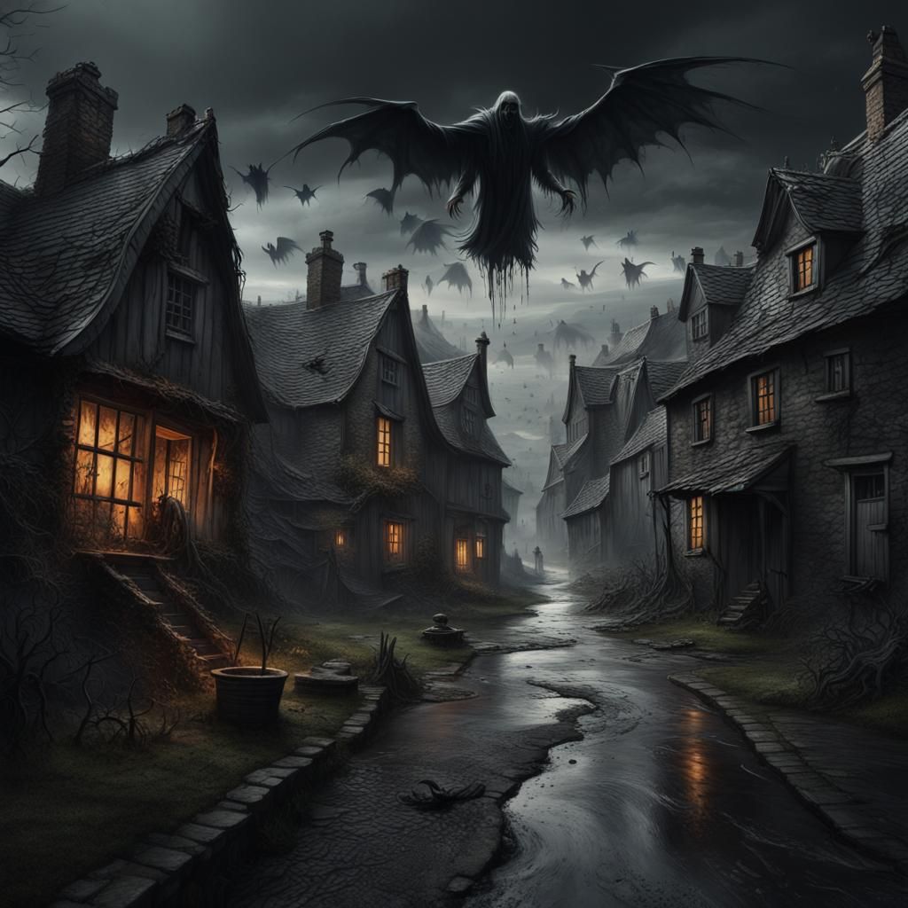 Haunted Village with Wraiths in Hyperrealistic Style