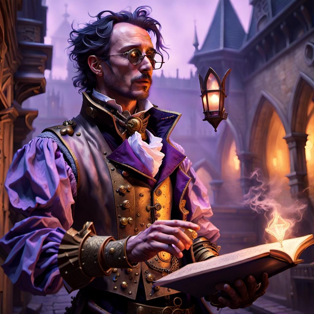 Steampunk Bard Reciting Verse in Dark Fantasy Style
