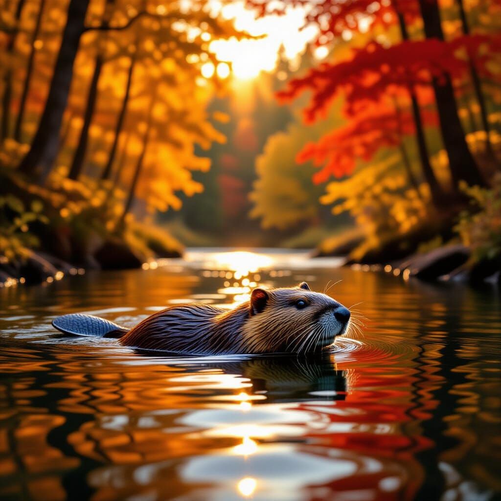 Photorealistic Beaver in Golden Hour River