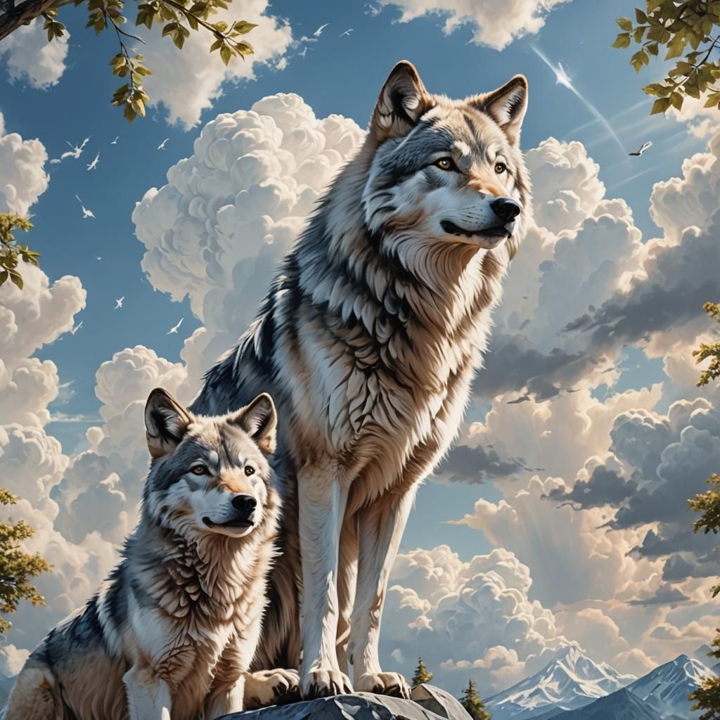 Realistic Wolves in a Heavenly Sky Scene