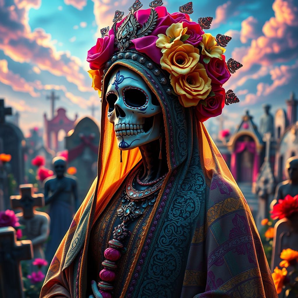 Ethereal Santa Muerte in Vibrant Mexican Graveyard Portrait