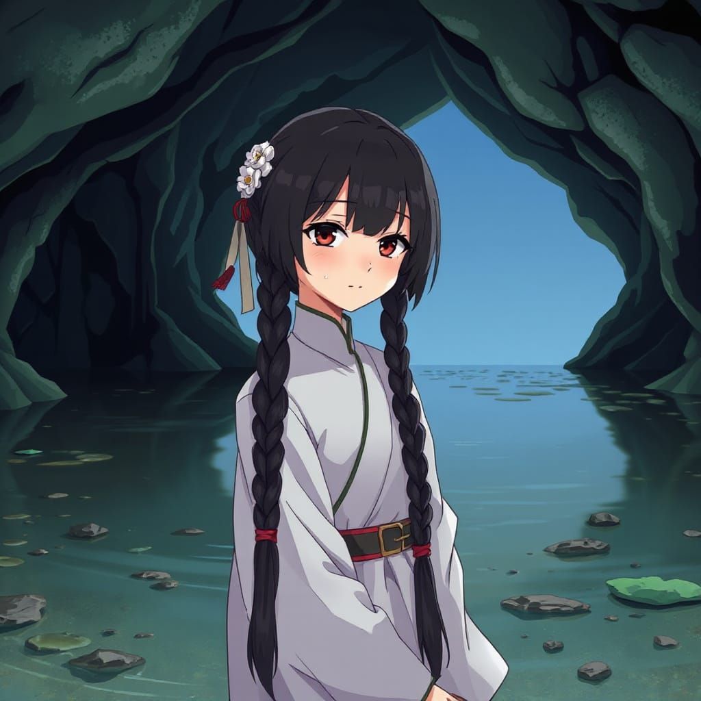 Anime Girl in Cave With Lake, in Shinkai Style