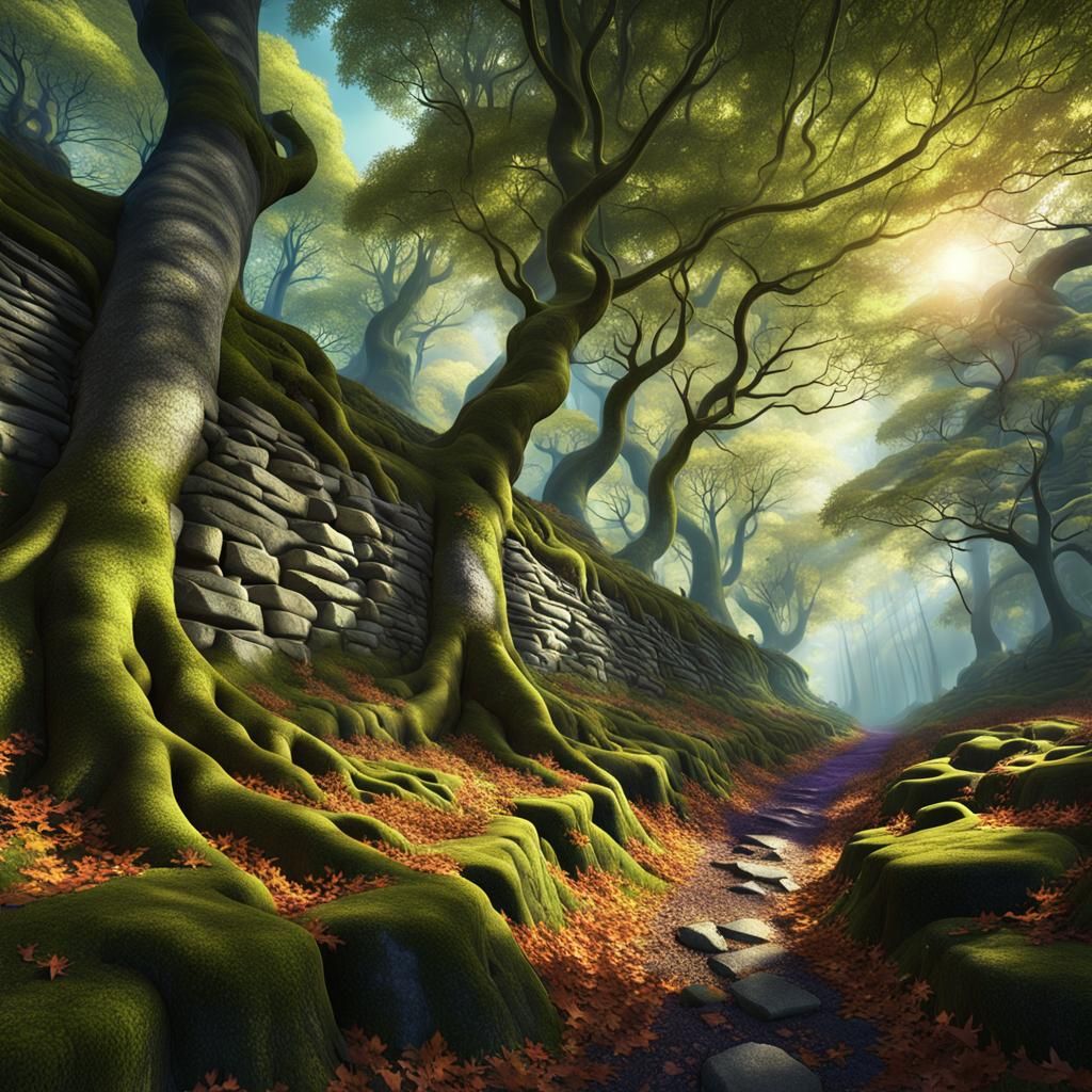 Mystical Forest: Beech Trees and Stone Wall