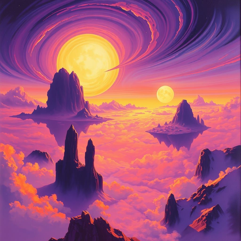 Nibiru Dawn with Floating Islands, in Dreamlike Fantasy Styl...