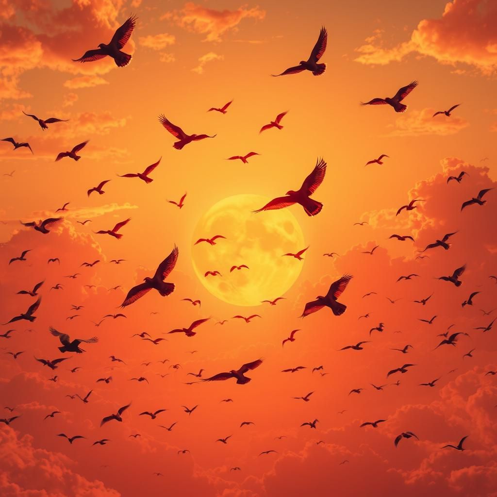Birds Fly Freely in Fiery Sunset Sky