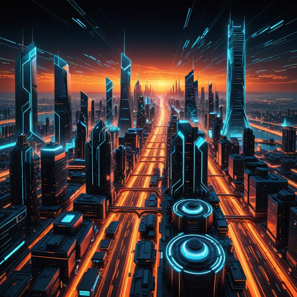Tron-Style Cityscape with Glowing Circuitry in Digital Artwo...