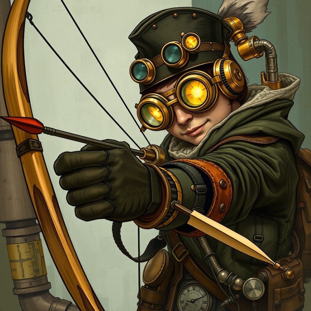 Steampunk Archer Launches Dart in Industrial Vintage Style
