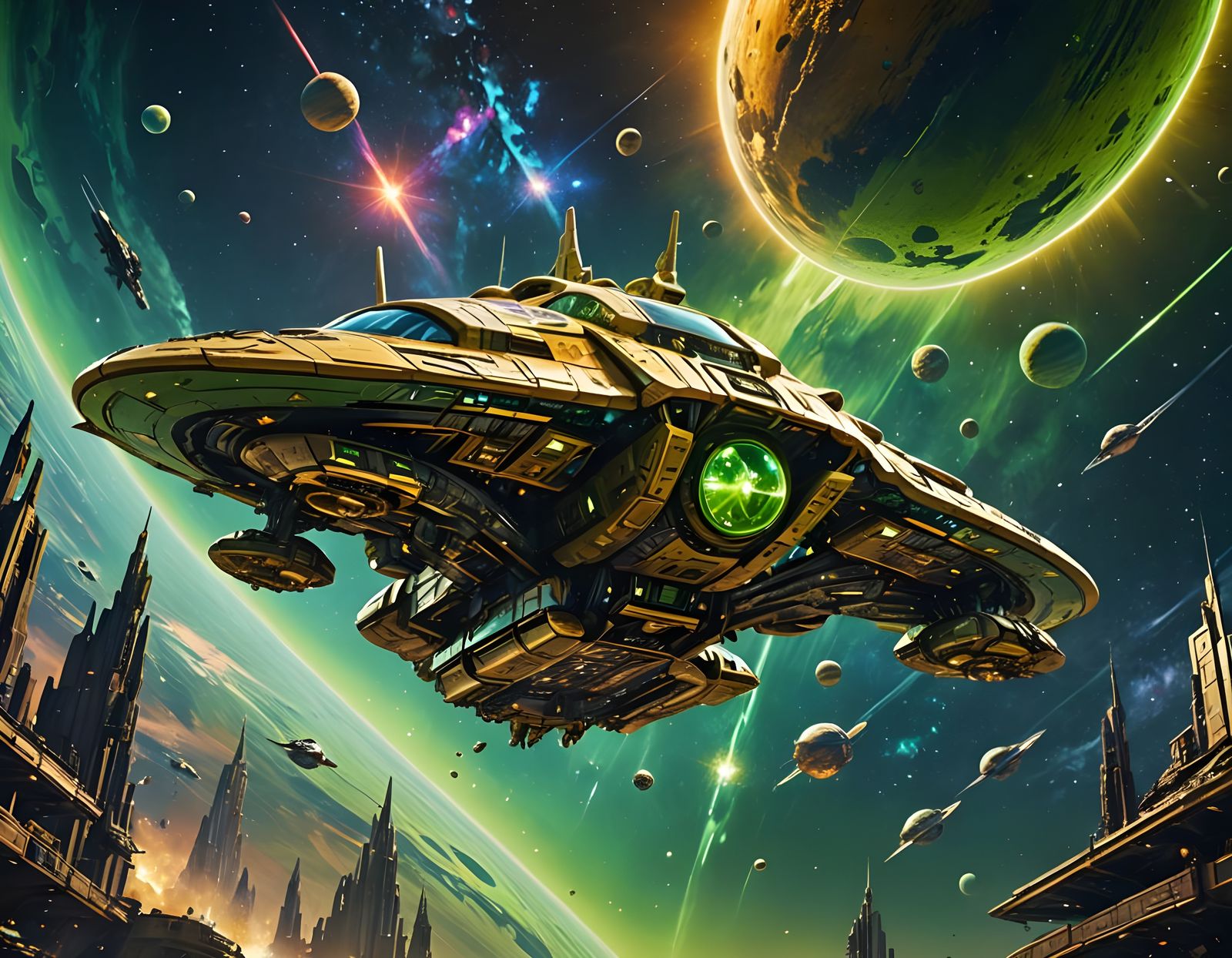 Cyberpunk Steampunk Starship Mashup in Vibrant Gold and Lime