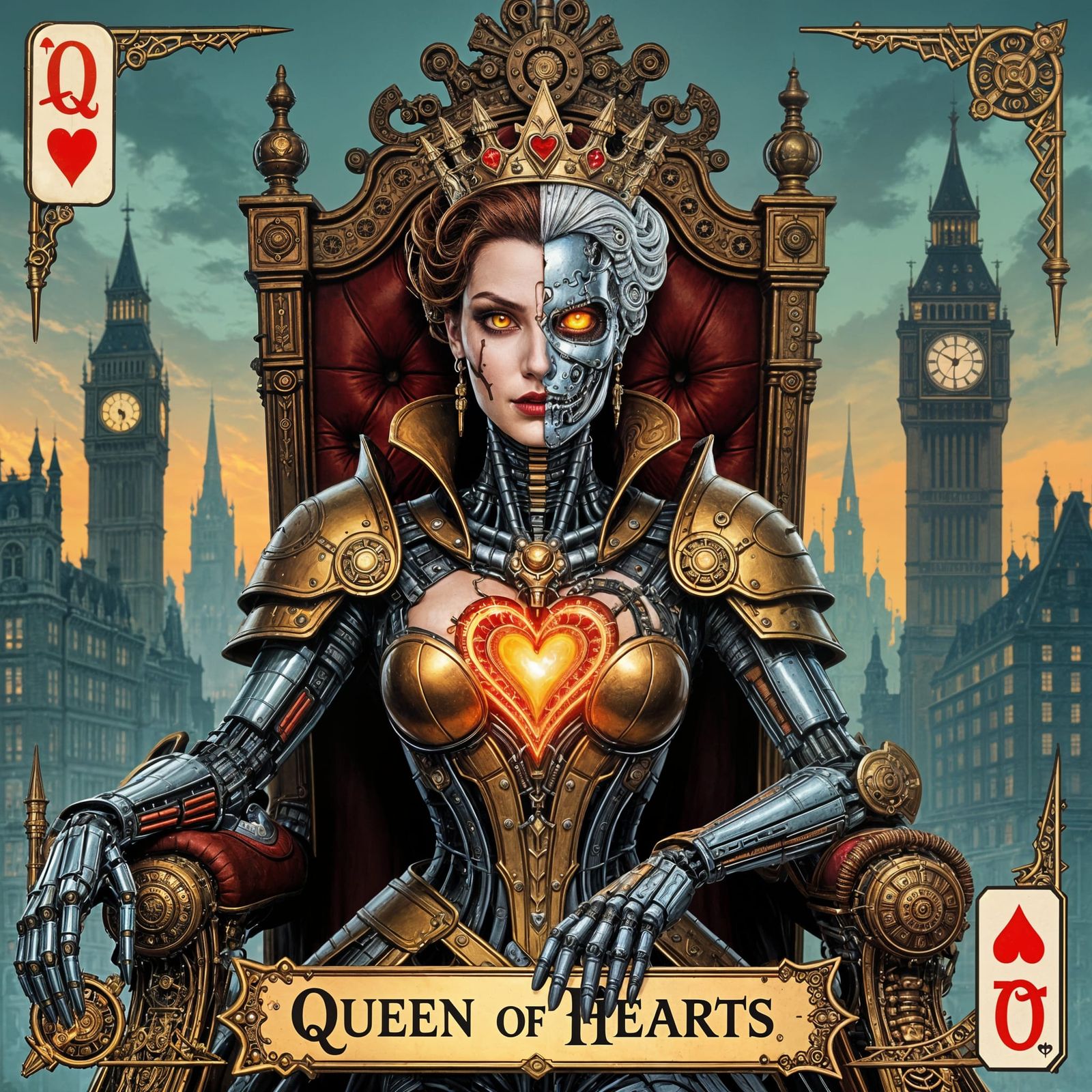 Cyborg Queen of Hearts in Biomechanical Steampunk City