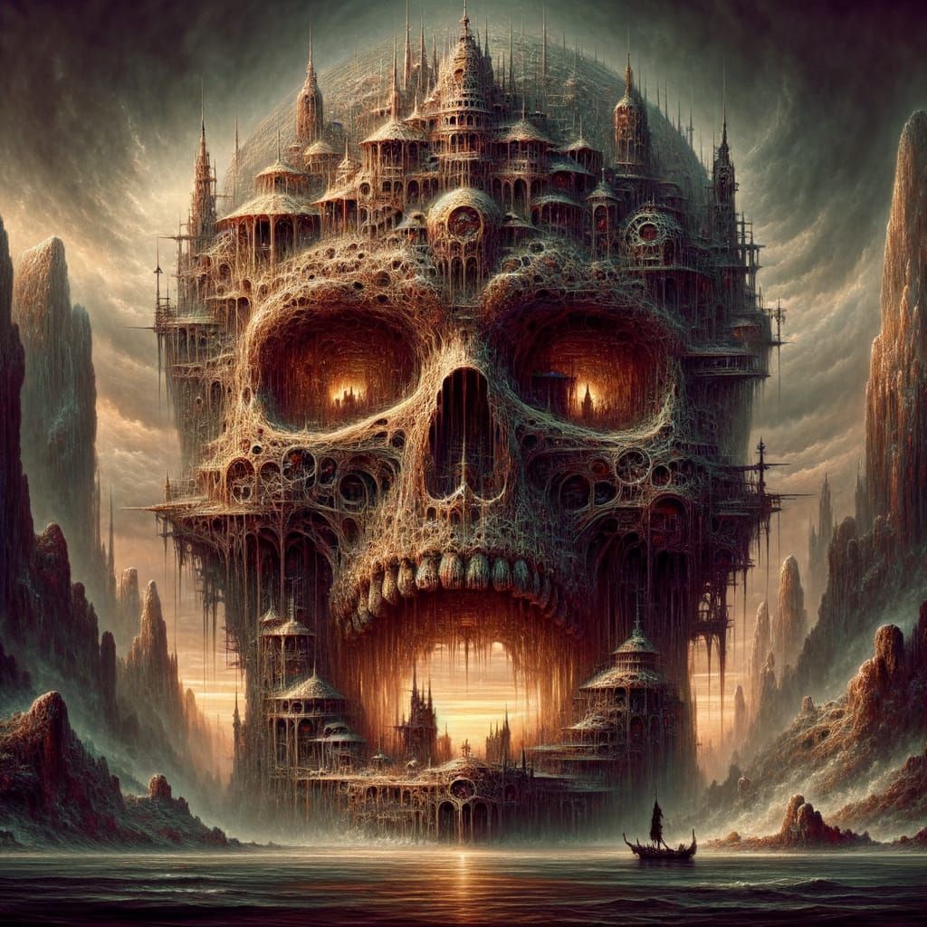 Surreal Gothic Castle within a Giant Skull in a Dark Swamp