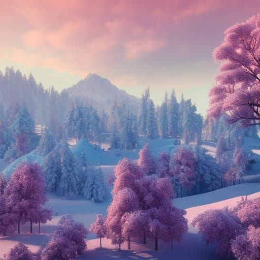 Snowy Mountain Landscape with Pink Sunset, Digital Art