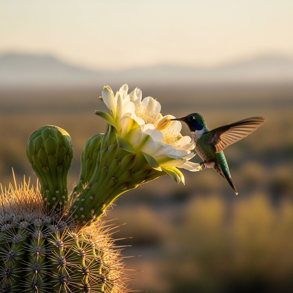hummingbird sips nectar from a thorny cactus flower