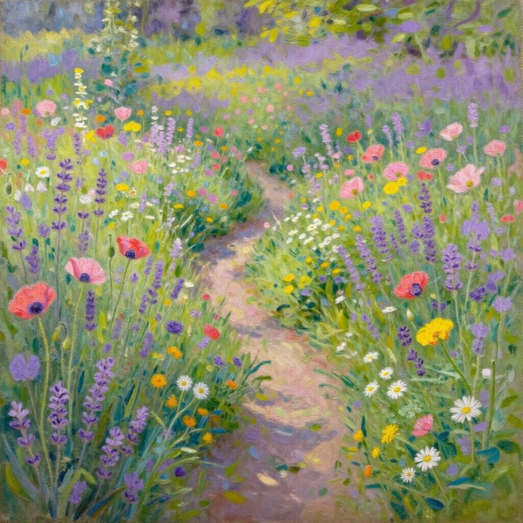 Vibrant Spring Meadow Path in Impressionist Style