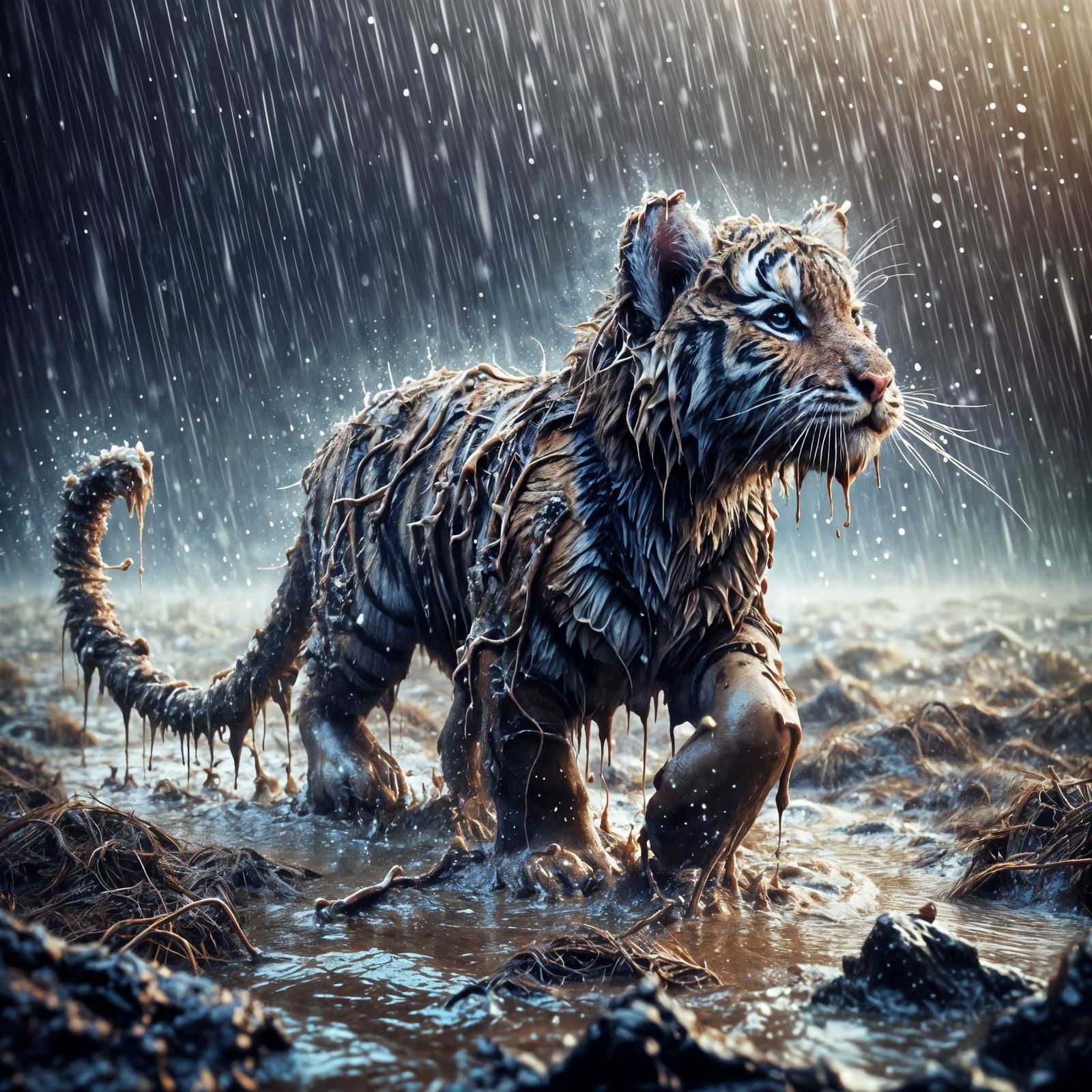 Magical Tiger Cub in Muddy Field as Matte Painting