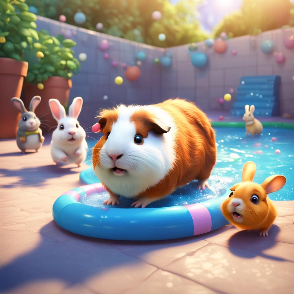 Guinea Pig and Bunny Pool Party: 3D Digital Art