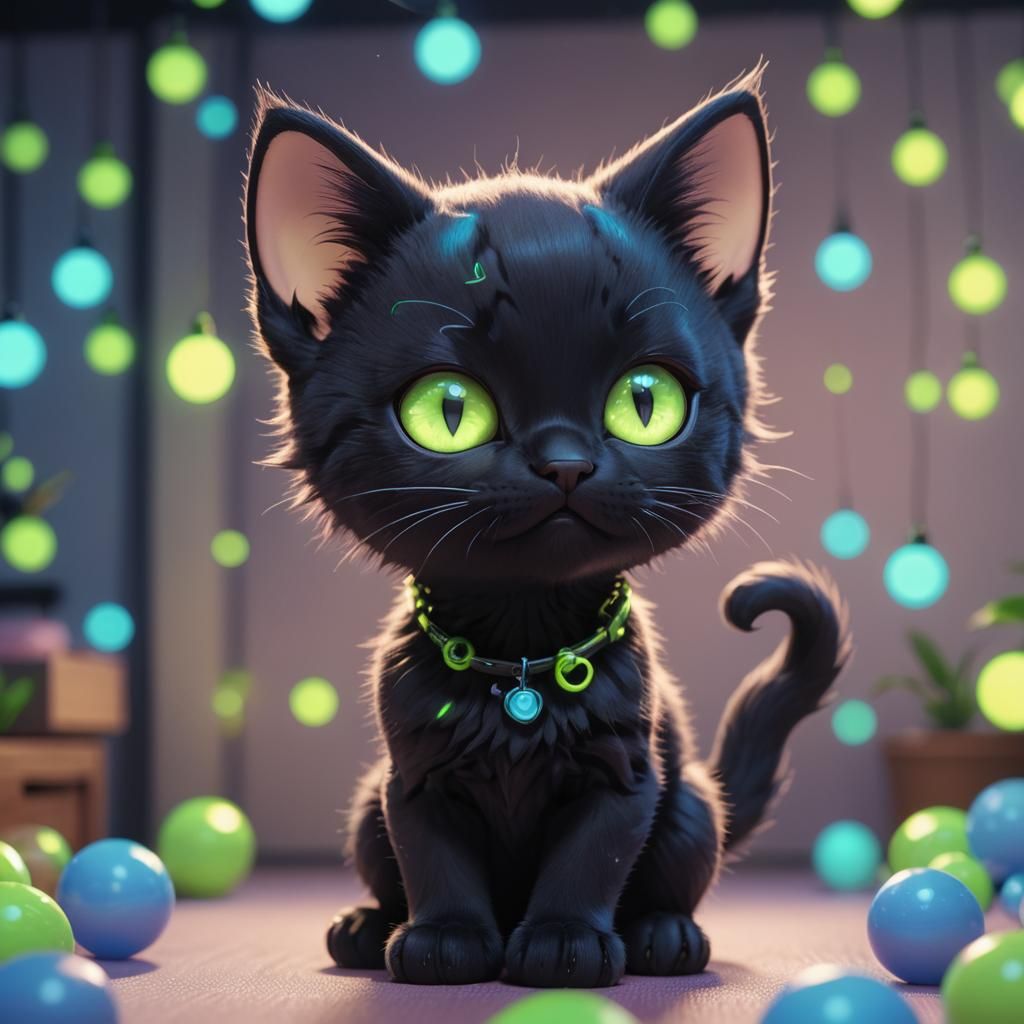 Kawaii Black Kitten with Glowing Eyes in 3D Anime Art