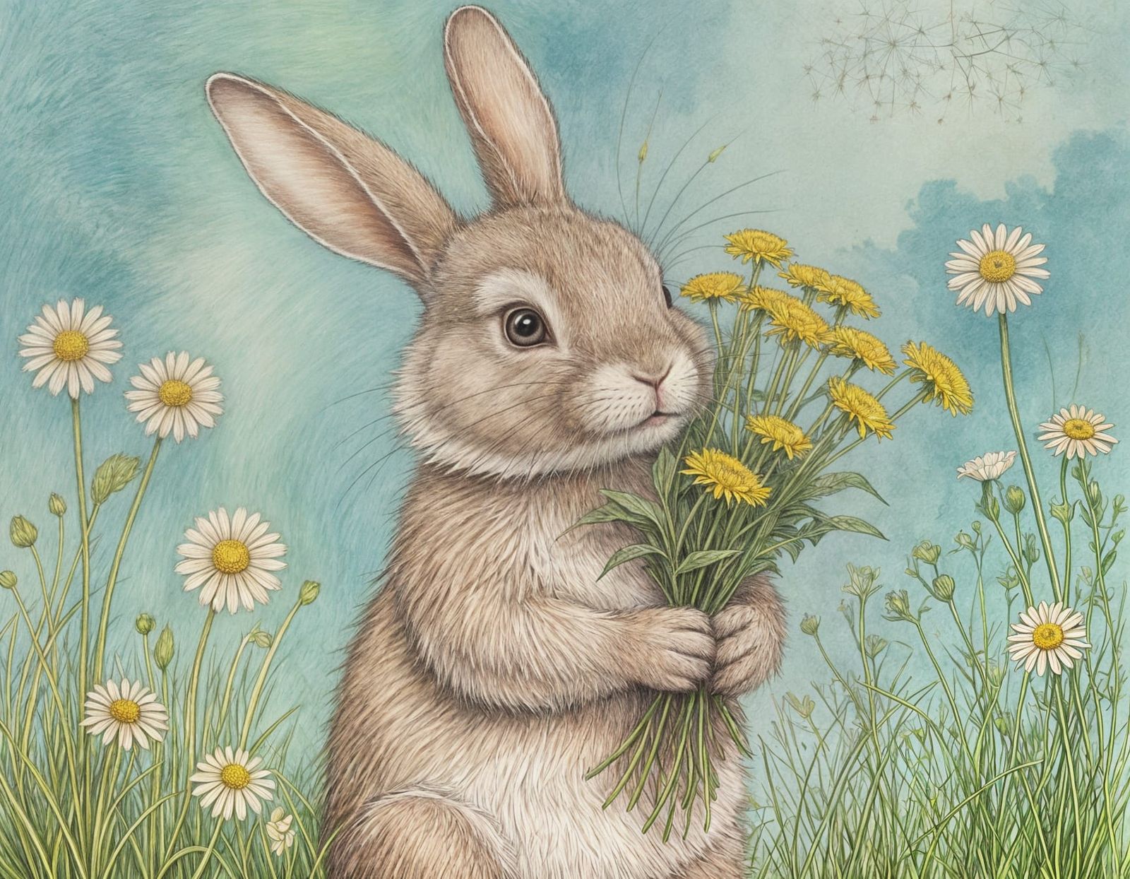 Whimsical Rabbit with Dandelions in Colorful Pencil Drawing