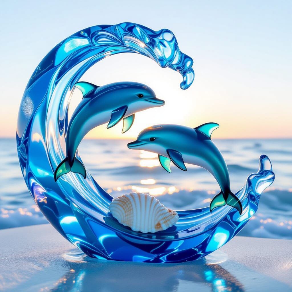 Sea Glass Dolphins in a Blue Glass Ocean Wave Sculpture