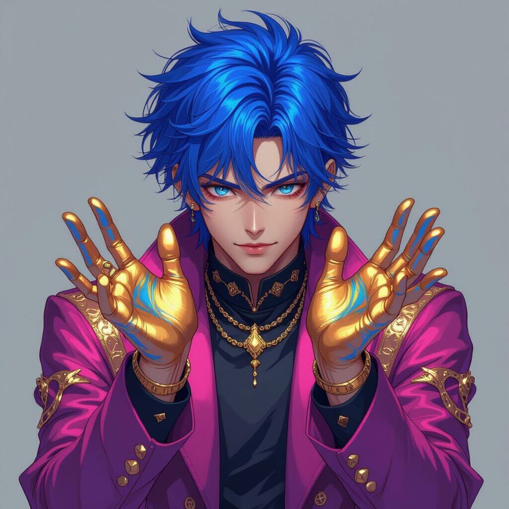 Anime Man with Blue Hair and Gold Accents