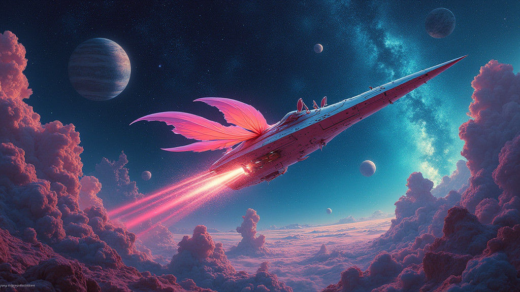 Bird-of-Paradise Spaceship Soaring Through Cosmic Landscape