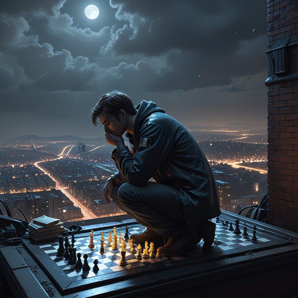 Young Intellectual Contemplates Cityscape Under Moonlit Skie...