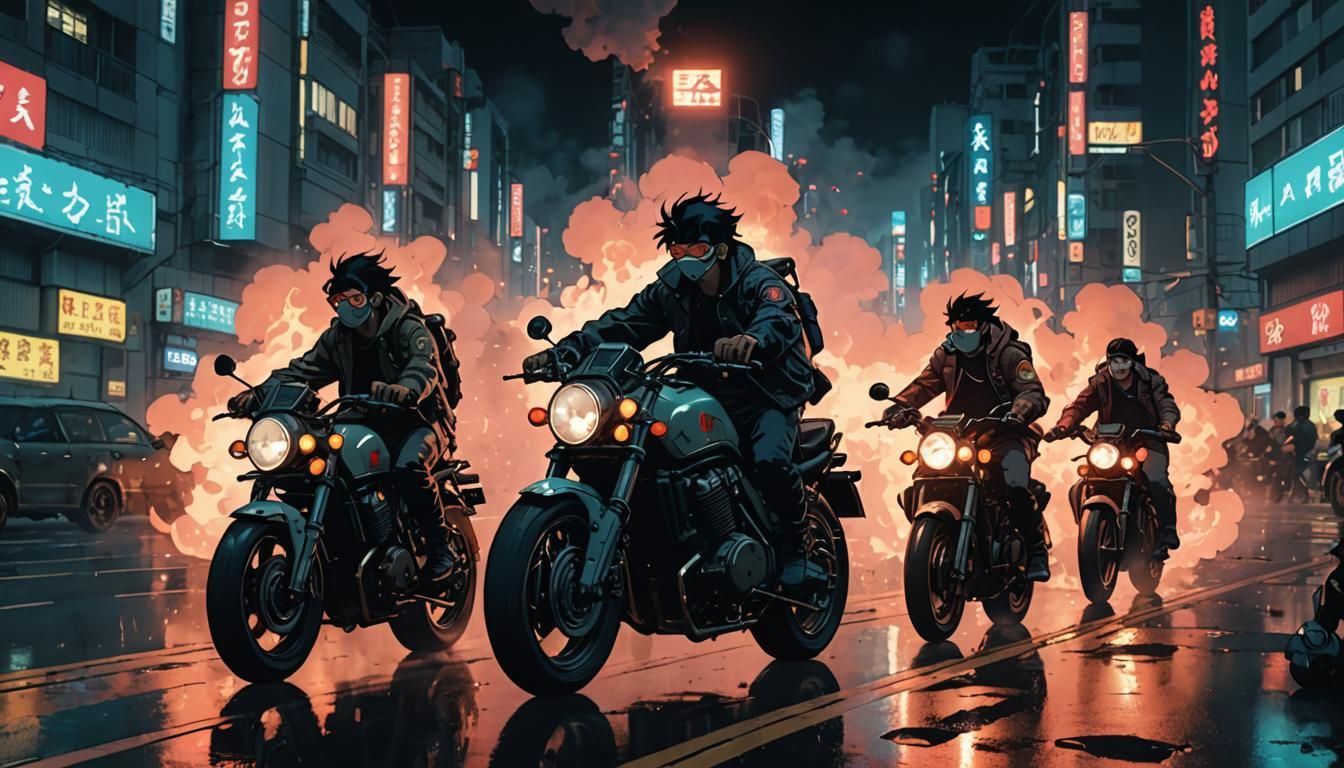 Cyberpunk Bike Gang on Highway, Ghibli Style