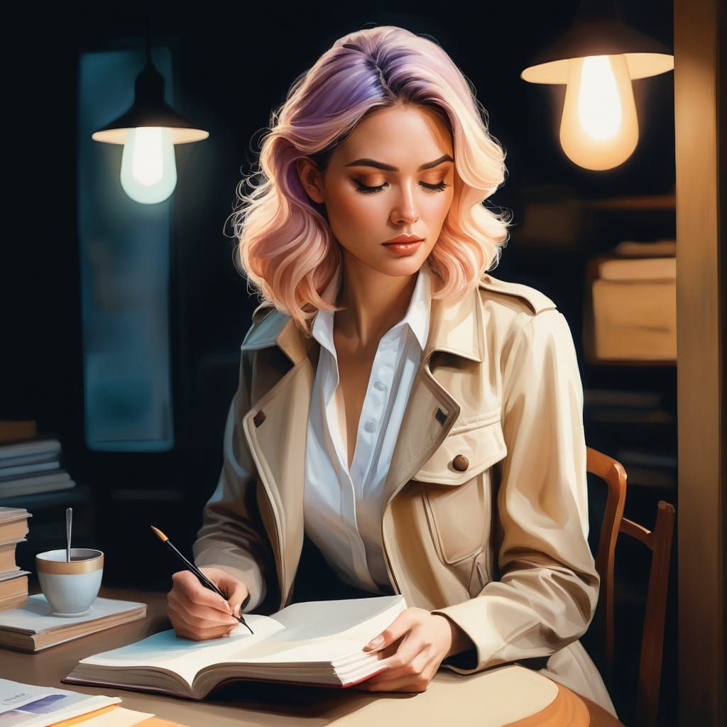 Young Woman Writing: Watercolor Comic Book Art