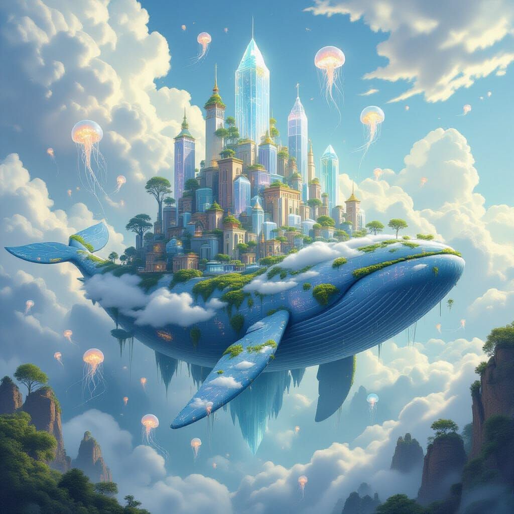 City on a Flying Crystal Whale in the Clouds