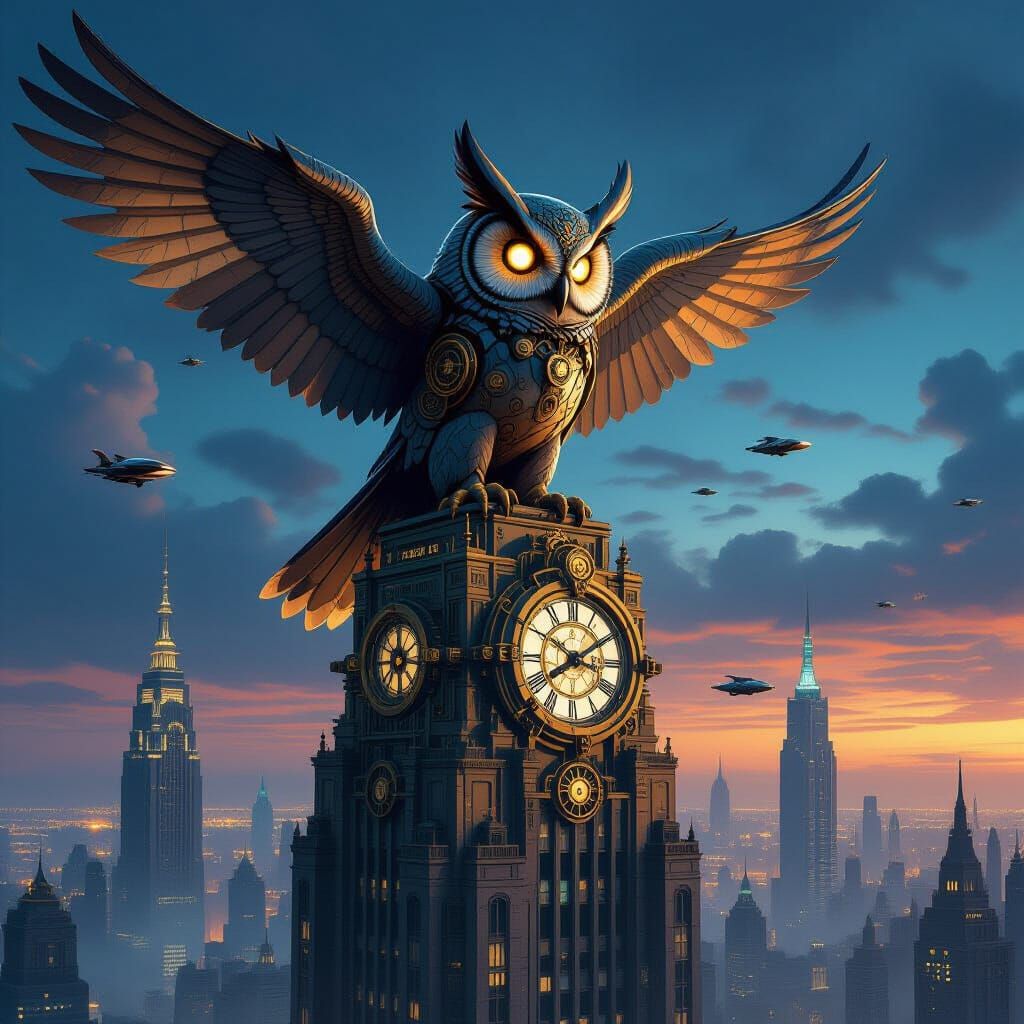 Clockwork Owl on Art Deco Skyscraper Over Futuristic City