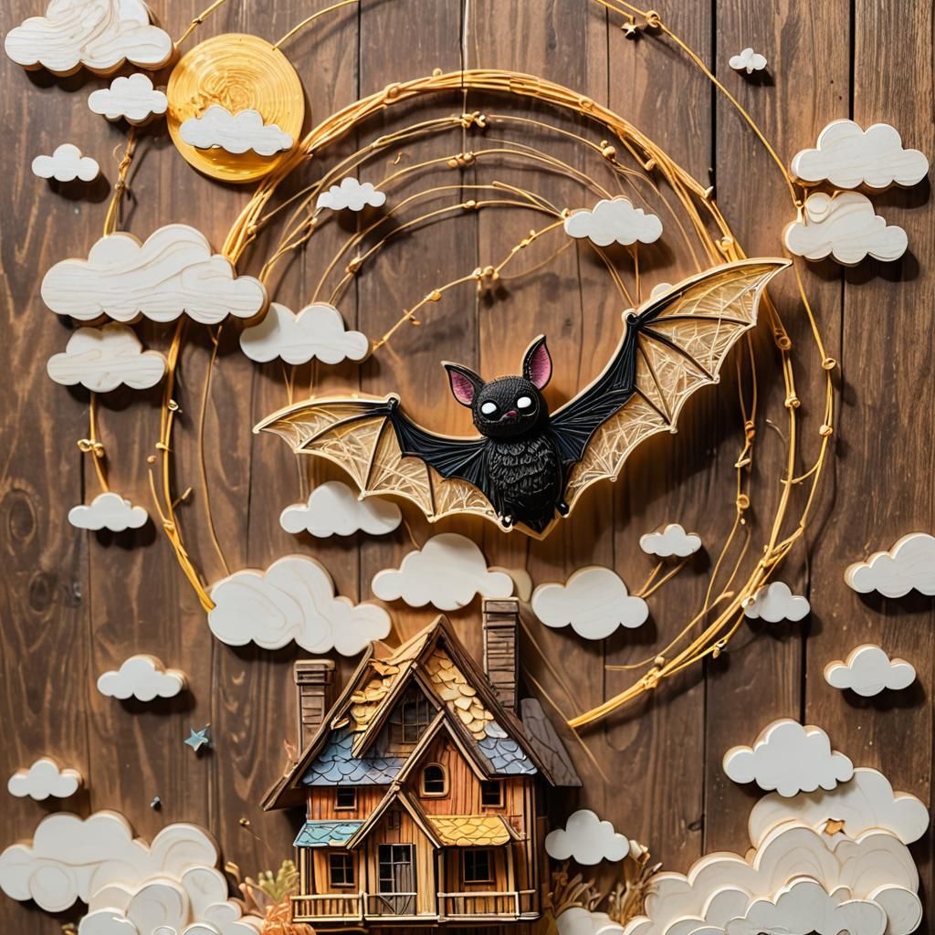 Whimsical Chibi Bat in Naive String Art Style