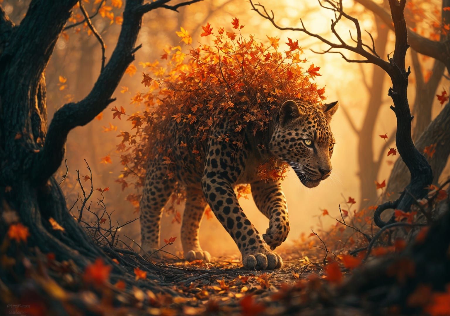 Autumnal Leopard Made of Leaves in Forest Landscape