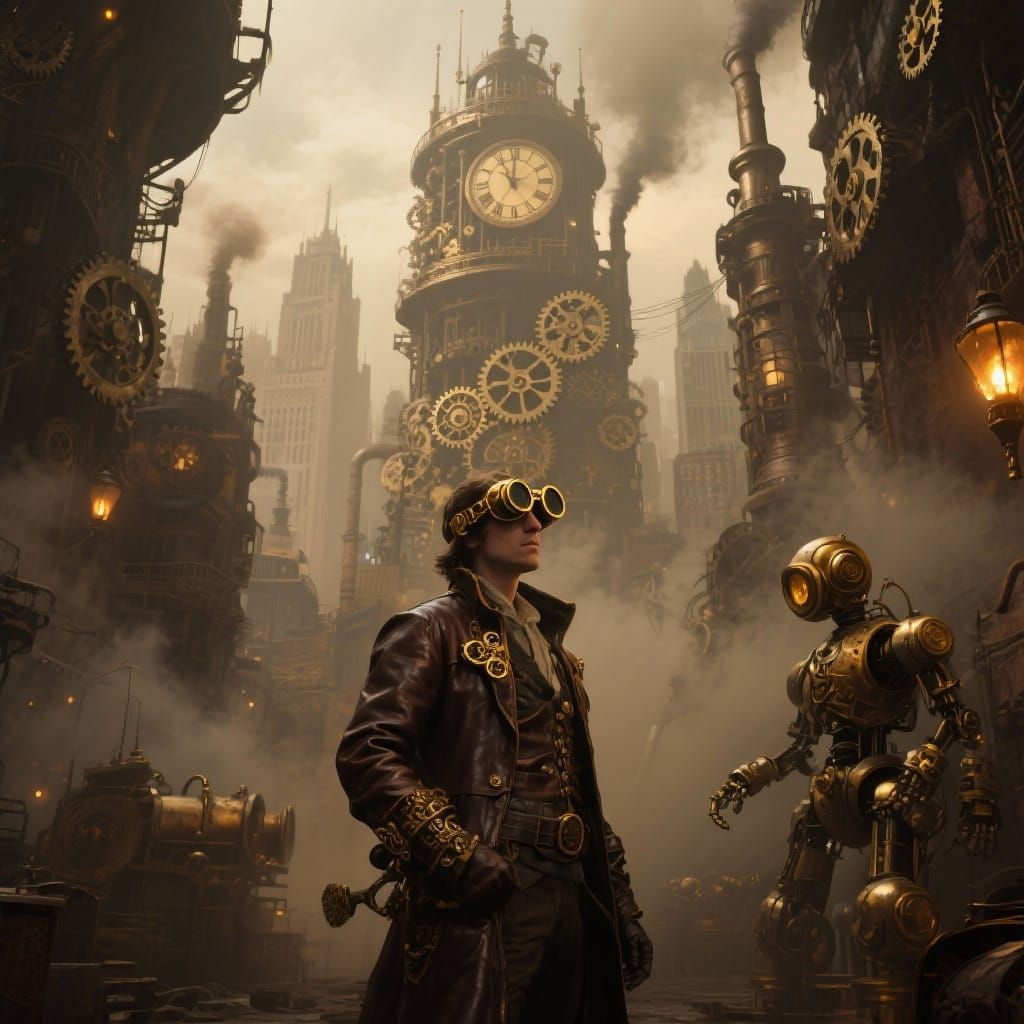 Steampunk Cityscape with Lone Figure in Sepia Tones
