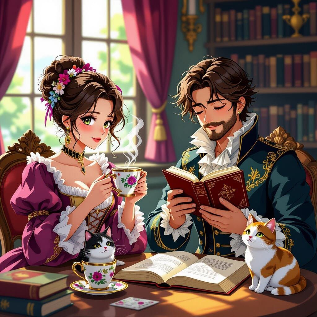 1600s People With Cats Reading Ghost Books, Anime Style