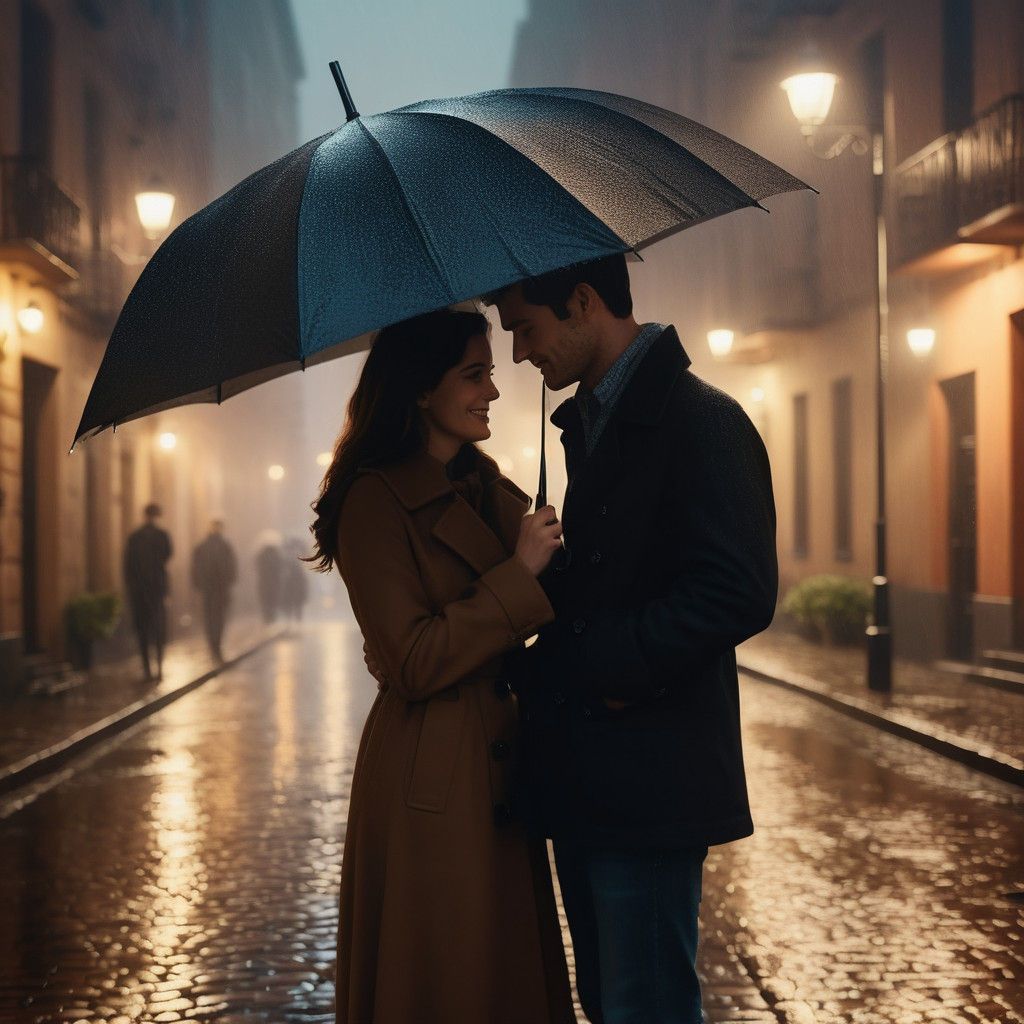 Couple Under Umbrella on Rainy Night in Cinematic Style