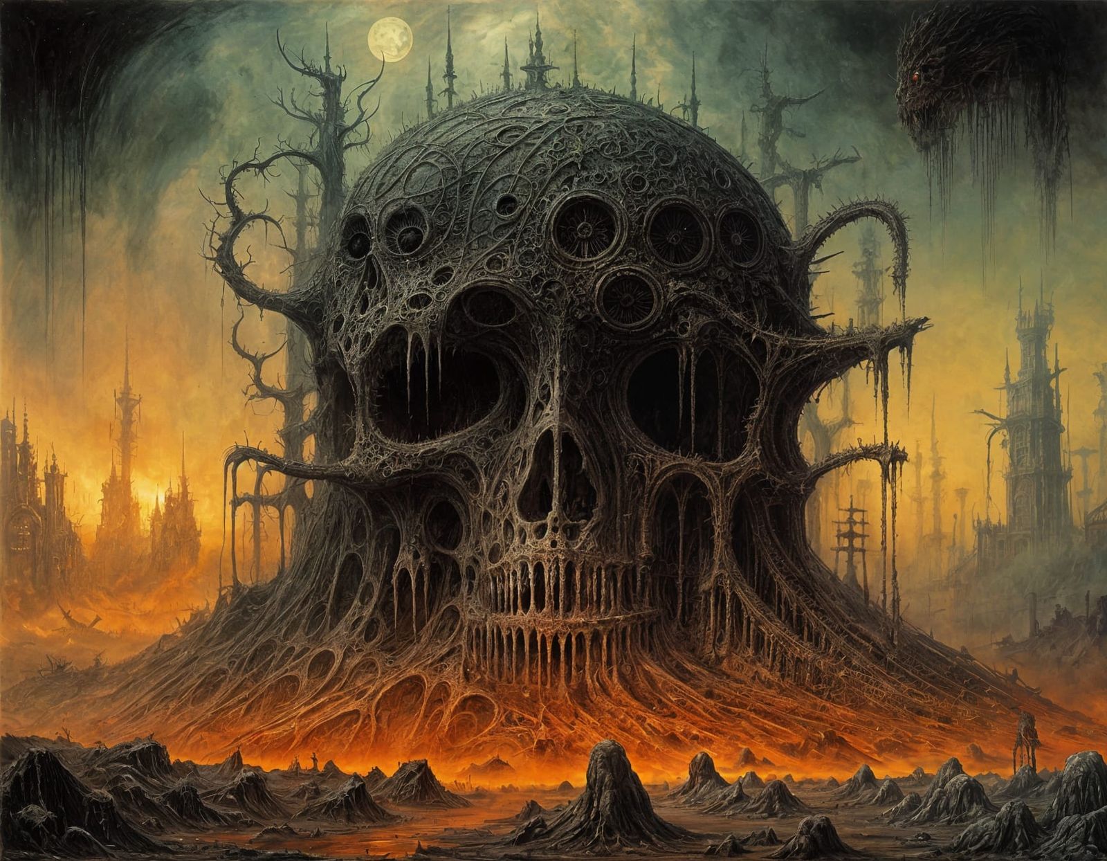 Beksiński-Inspired Encaustic Biomechanical Hellscape