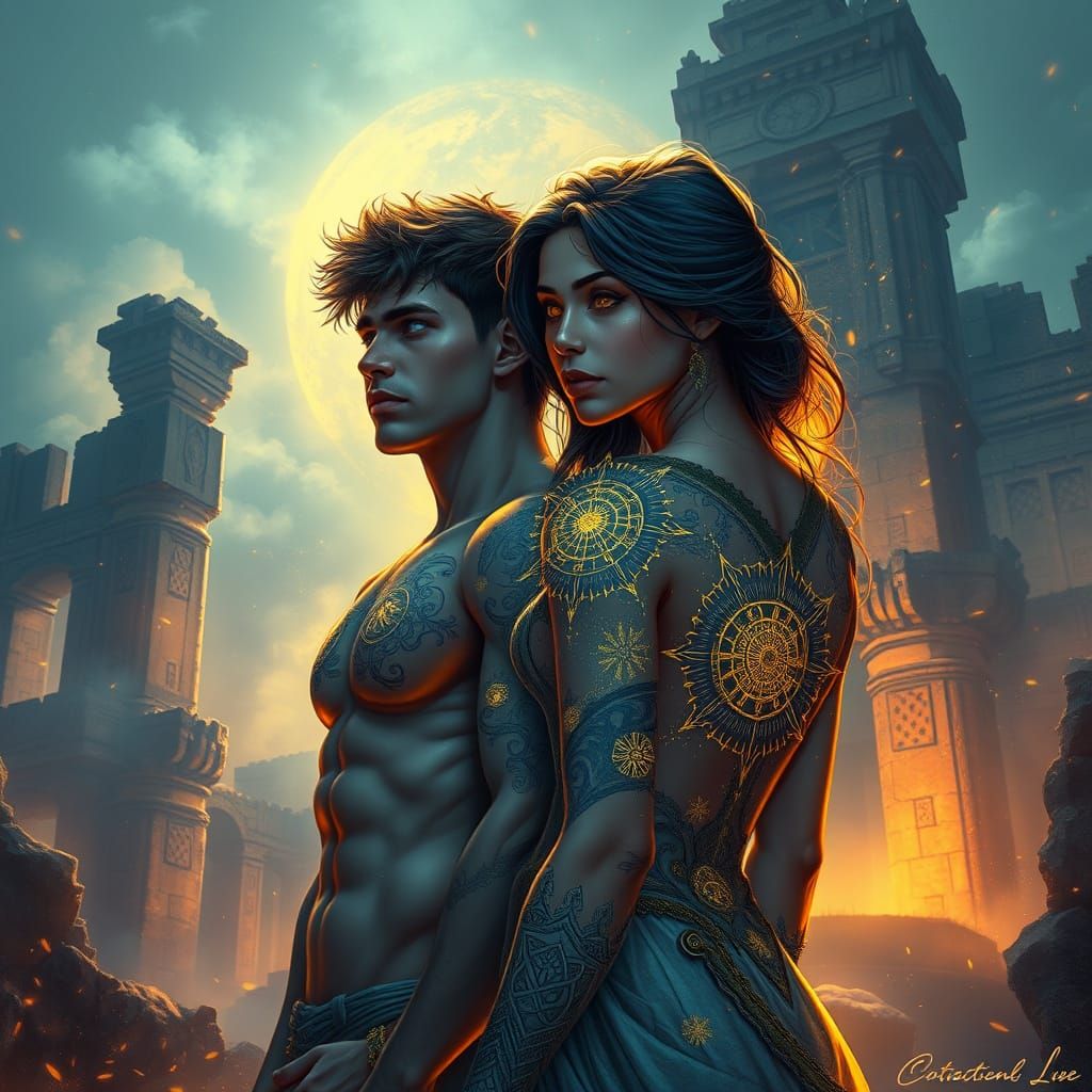 Teen Couple with Celestial Tattoos in Misty Ruins